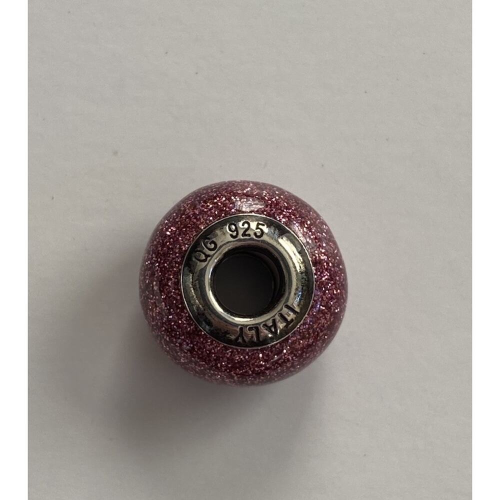 Sterling Silver Pink Glitter Spacer Bead For Charm Bracelet Necklace 925 Italy